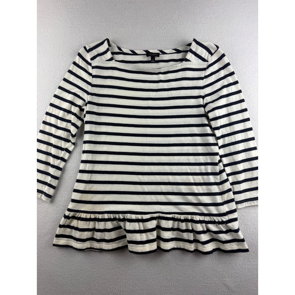 Talbots Womens Navy White Striped Pima Cotton Square Neck Ruffle Hem Top Small